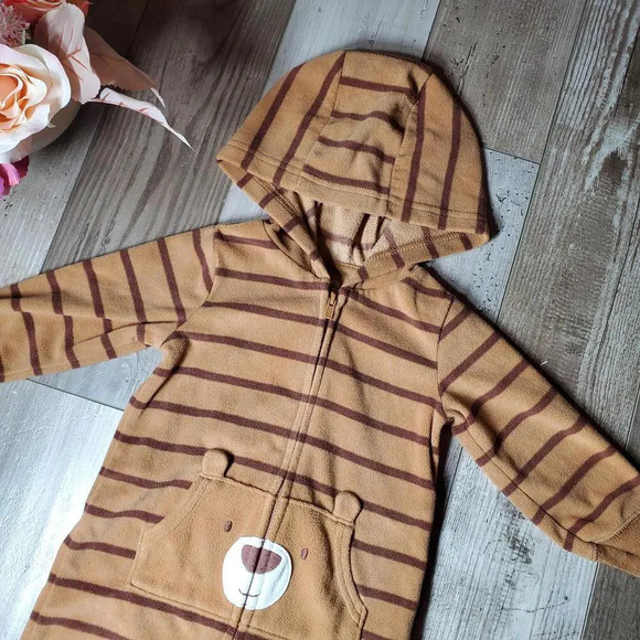 Just One You Carter's 12m Brown Striped Fleece Bear Jumpsuit Coverall Romper - Picture 11 of 12